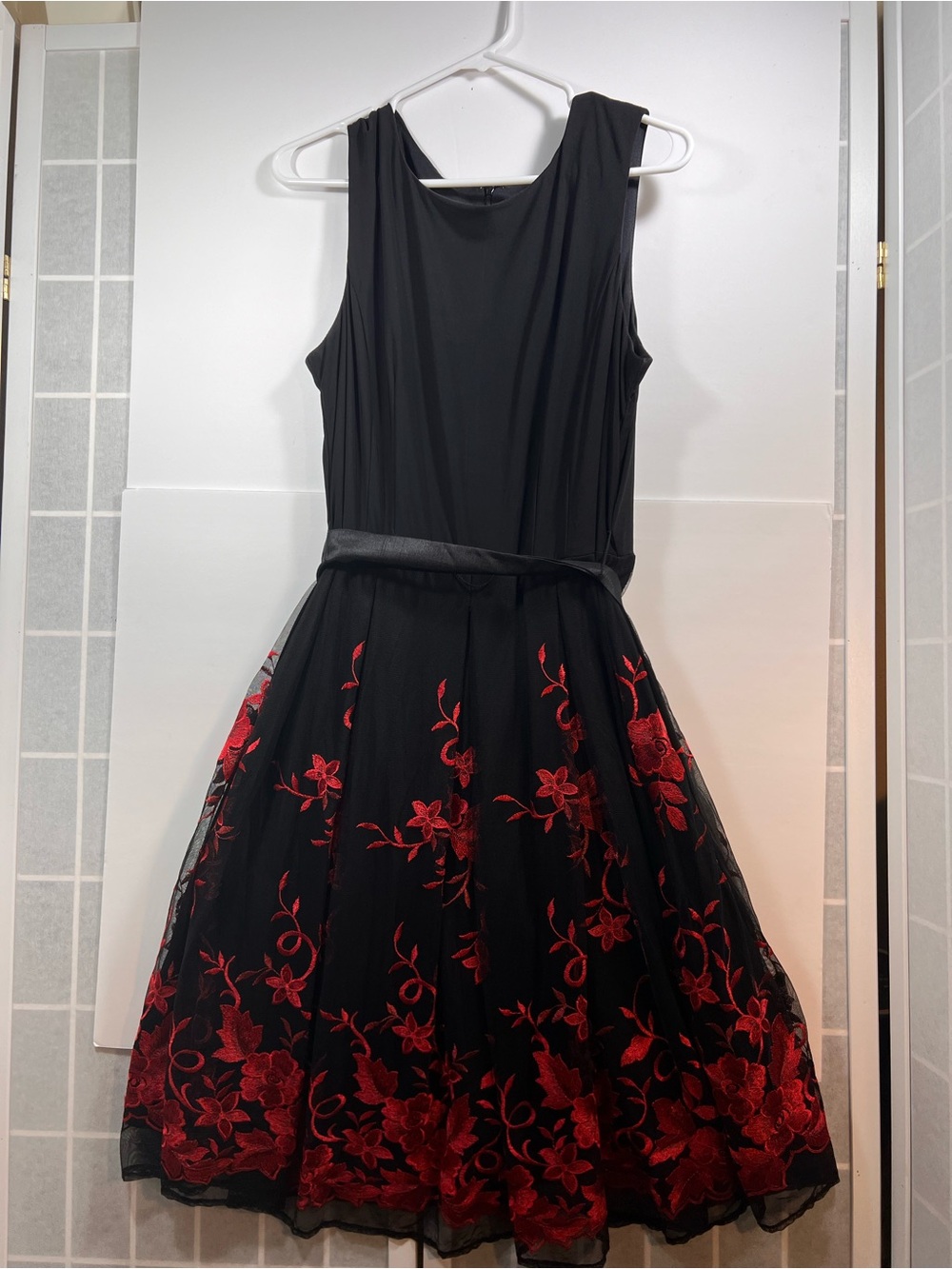 Black Tulle Midi Holiday Dress with Red Floral Embroidery